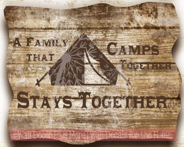 A Family that Camps Together.. Wall Letters for the RV Camper Vinyl Wall Decals — Rustic wooden sign with tent graphic and