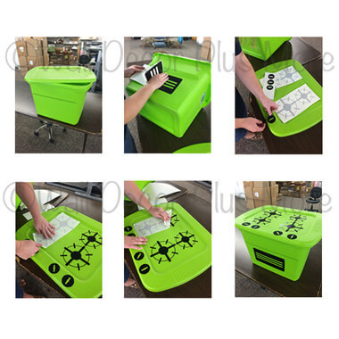 Toy Kitchen Stove Decals Stickers for Kids Pretend Play — Bright green container with black design elements, shown being