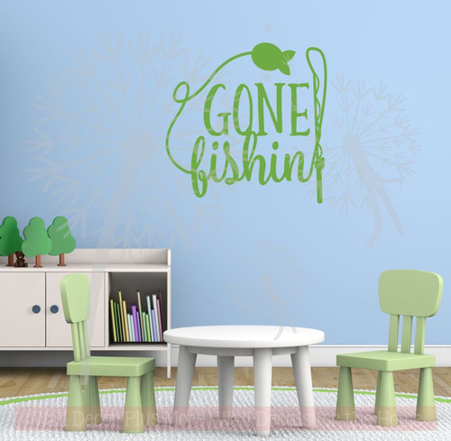 Gone Fishing Wall Art Vinyl Sticker Decals for Fisherman Cabin Decor LimeGreen