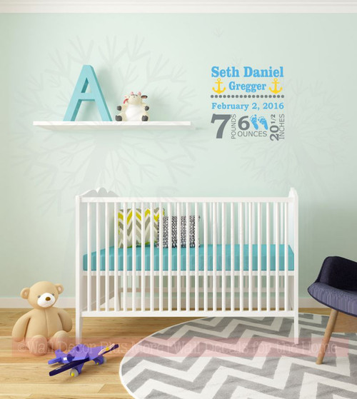 Baby Boy Personalized Vinyl Lettering Wall Decal Sticker with Birth Stats