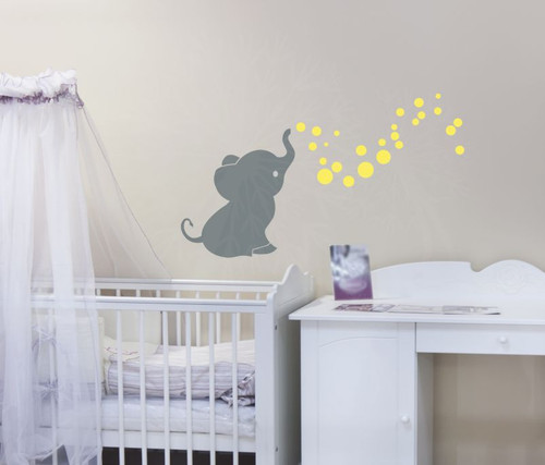 Elephant with Bubbling Dots Vinyl Wall Decals Stickers for Baby Nursery Wall Decor-Storm Gray, Yellow