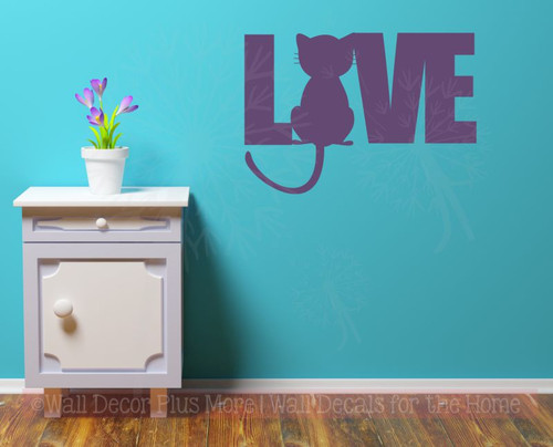 Love Wall Words with Cat Silhouette Wall Art Decal Stickers Plum