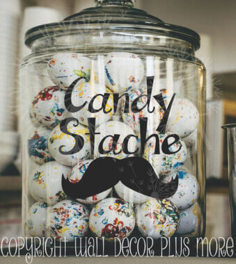 Candy Stache Vinyl Decals Glossy Stickers for Glass or Plastic Containers, Set of 2 — Clear glass jar filled with