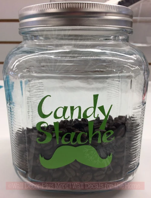 Candy Stache Vinyl Decals Glossy Stickers for Glass or Plastic Containers, Set of 2