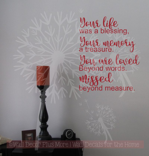 Your Life Was A Blessing, Missed Beyond Measure Wall Words Vinyl Lettering Wall Decals Red
