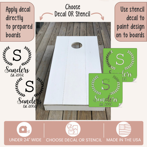  Custom Bean Bag Board Decals Stickers Laurel Wreath, Monogram Letter, Name, Date 