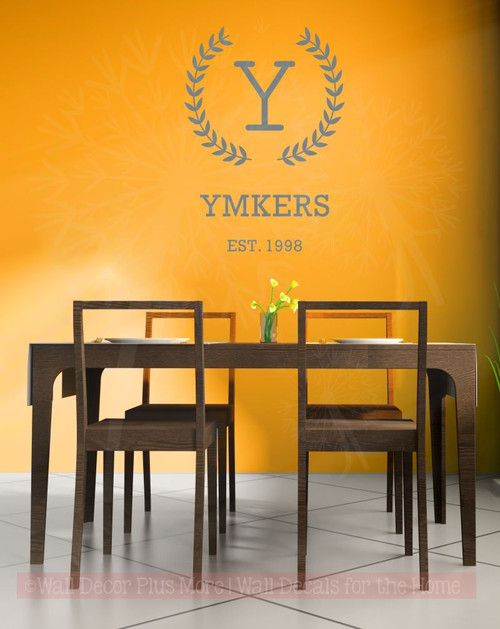 Monogram Letter in Laurel Wreath with Last Name, Date Wall Vinyl Lettering or Stencil