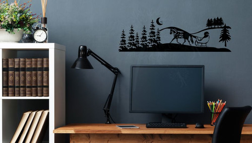 Winter Silhouette Scene Trees Horse Sleigh Wall Art Decals Vinyl Stickers-Black