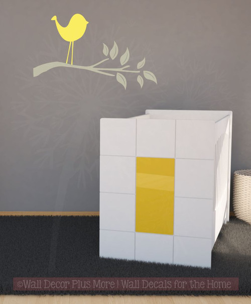 Bird Branch Wall Art Decals Wall Vinyl Stickers for Kids Room Decor-Warm Gray, Lt Yellow