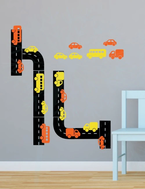 Road Tracks Cars Vehicles Boys Room Vinyl Wall Art Decals Stickers-Black road, Yellow and Orange Cars