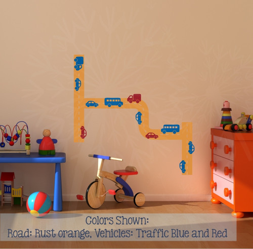 Road Tracks Cars Vehicles Boys Room Vinyl Wall Art Decals Stickers- Rust, Traffic, Red