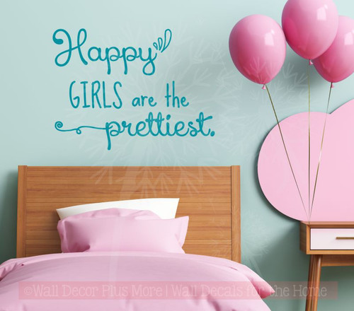 Happy Girls Are Prettiest Wall Art Vinyl Decals Home Decor Wall Quotes-Teal