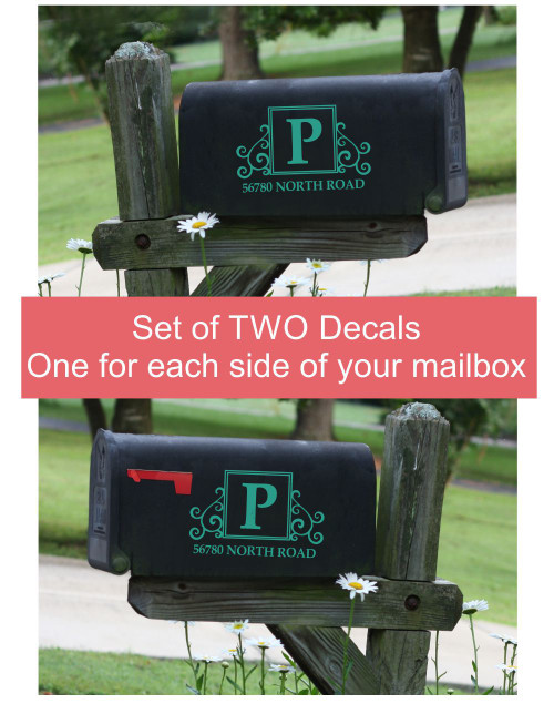 Monogram Vinyl Decals Mailbox Stickers Custom Initial Address Art, Set of 2 — Black mailbox with green decorative decals and