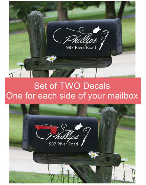 Mailbox Decals Vinyl Stickers Fishing Pole Custom Lettering Name Address, Set of 2