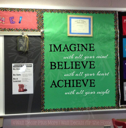 Imagine Believe Achieve Inspirational Vinyl Lettering Decals Wall Sticker Art School Decor Quote-Black, Light Gray