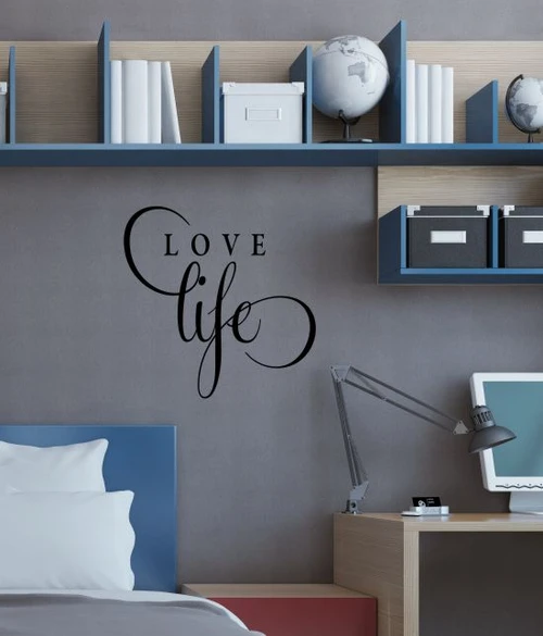 Love Life Inspirational Vinyl Lettering Stickers Wall Decals for Office Home Decor Quote Art — Black wall art displaying the
