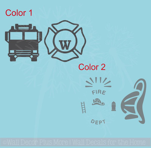 Firetruck Fireman Personalized Emblem Boys Wall Art Vinyl Lettering Decals Stickers- 2 Color