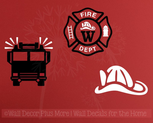 Firetruck Fireman Personalized Emblem Boys Wall Art Vinyl Lettering Decals Stickers-Black, White