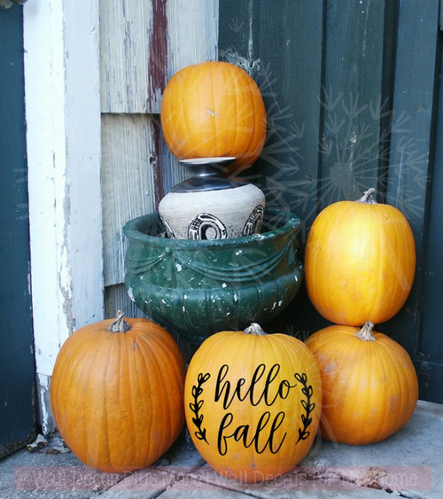 Hello Fall Laurel Leaf Wreath Vinyl Art Stickers Autumn Pumpkin Decals-Black