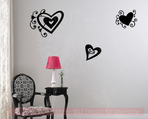 Heart Swirls Vinyl Art Decals Wall Stickers Girls Room Decor 3pc Set-Black