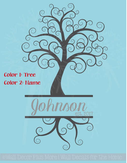 Curly Tree with Cursive Name Est Date Personalized Vinyl Wall Decals-2 color package