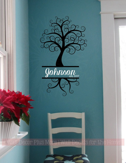 Curly Tree with Cursive Name Est Date Personalized Vinyl Wall Decals-Black, White