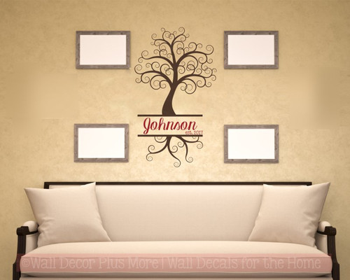 Curly Tree with Cursive Name Est Date Personalized Vinyl Wall Decals-Chocolate, Red