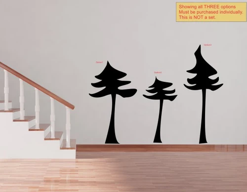 Pine Tree Wall Stickers Bedroom Art Vinyl Decals Large Wall Stickers — Three black tree silhouettes on a light wall, beside
