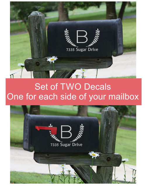 Mailbox Decals Custom Address Stickers Wreath Monogram Letter Numbers Set of 2 decals