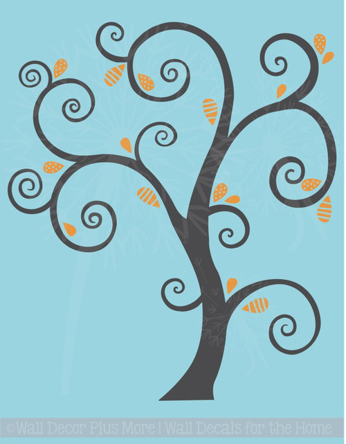Large Curly Tree with Abstract Leaves Vinyl Art Decals Wall Sticker