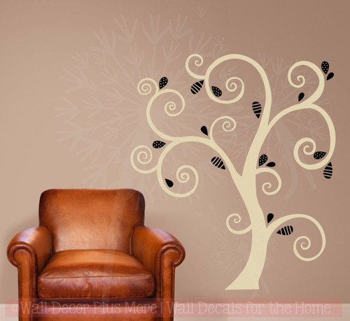 Large Curly Tree with Abstract Leaves Vinyl Art Decals Wall Sticker-Beige, Black
