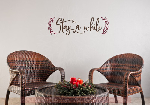 Stay A While with Leaves Wall Decals Modern Vinyl Letters Farmhouse Style-Chocolate Brown, Burgundy