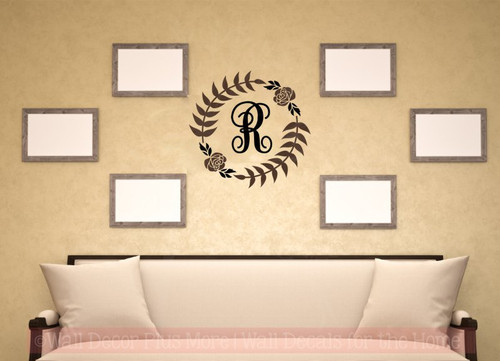 Monogram Floral Wreath Wall Sticker Vinyl Art Decals for Home Decor-Chocolate Brown, Black