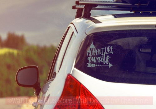 Adventure Awaits Quote with Arrow Vinyl Car Window Decals Sticker Art-Metallic Silver