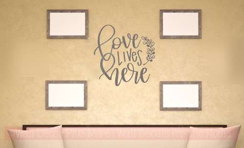 Love Lives Here with Leaf Art Vinyl Letters Decals Wall Sticker Quote Castle Grey