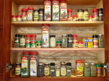 Printed Knotty Oak Wood Grain Vinyl Sticker Self-Adhesive Liner or Wall Art — Organized spice rack with various jars and