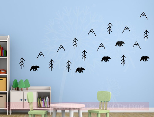 Woodland Bears Trees Mountains Nursery Animal Prints Vinyl Art Decals Black
