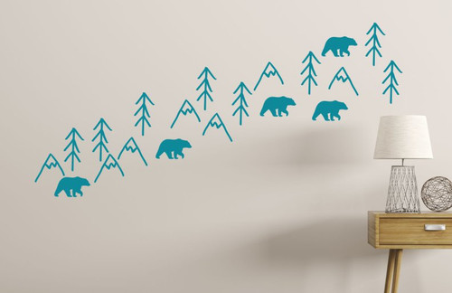 Woodland Bears Trees Mountains Nursery Animal Prints Vinyl Art Decals Teal