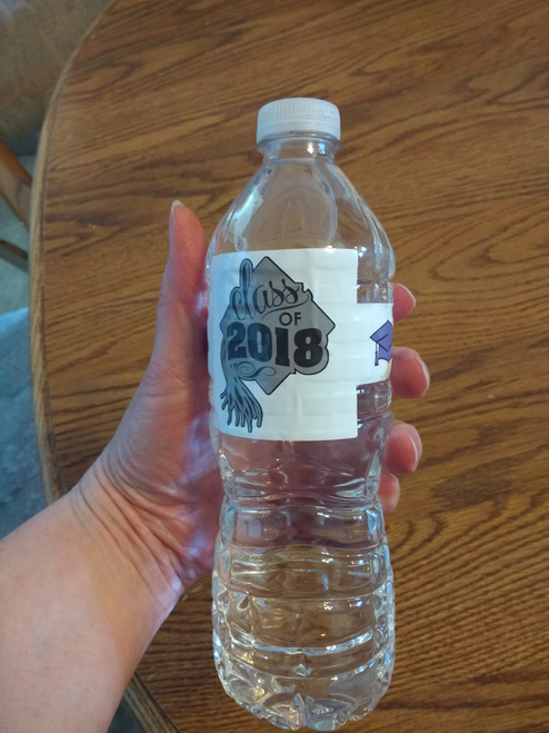Graduation Water Bottle Label Stickers Grad 2018 option Set of 8 shown on water bottle