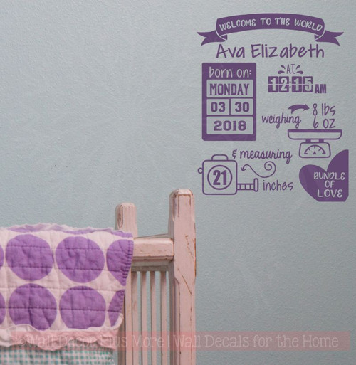 Baby Stats Personalized Vinyl Letters Decals Nursery Wall Art Stickers-Plum