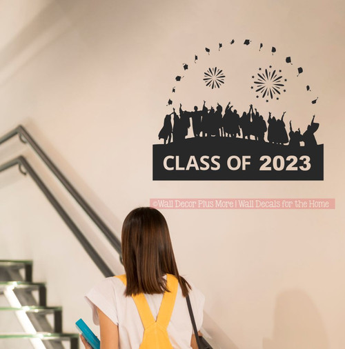 Class Of 2023 Vinyl Art Stickers Graduates Tossing Caps Wall Art Stickers Graduation Decor Black