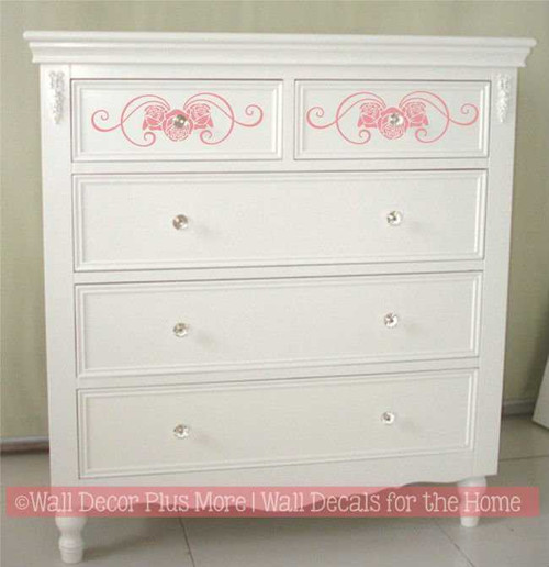 Rose Floral Swirl Pattern Stencil Vinyl Stickers Wall Art DIY Wood Decor, Set of 2 painted on Dresser