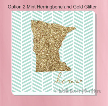 Home State Personalized Home Decor 10x10 Canvas Wall Art Ready to Hang — Mint herringbone background with gold glitter state
