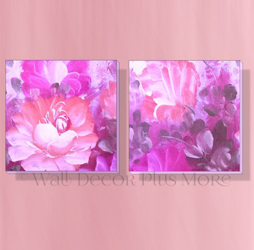 Pink Watercolor Flowers Set of 2 Canvas Prints Girls Bedroom Wall Art Decor