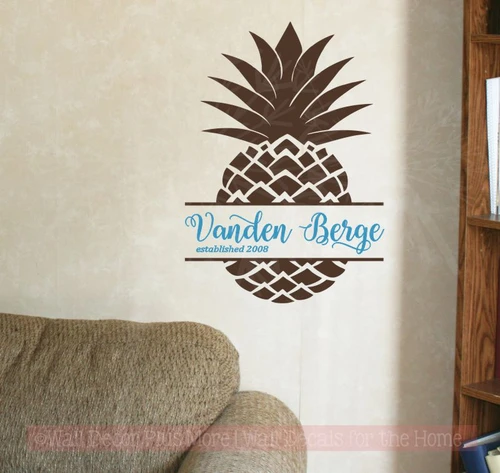 Pineapple Last Name Est Monogram Vinyl Letter Decals Wall Art Stickers-Chocolate, Bayou Blue