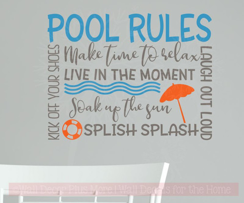 Pool Rules Vinyl Lettering Stickers Wall Art Decals Summer Quotes-Bayou Blue, Castle Gray, Orange