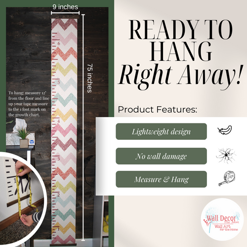 Wood Edged Girls Chevron Height Ruler Printed on Canvas Growth Chart Ready To Hang