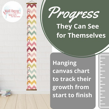 Wood Topped Chevron Height Ruler Printed on Canvas Growth Chart — Colorful growth chart on patterned canvas against a white