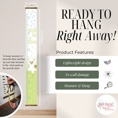 Light Green, White Canvas Print Height Ruler Chart Nursery Wall Hanging