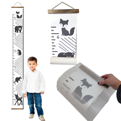 Black White Canvas Print Forest Animals Height Ruler Wall Art With wood edging
